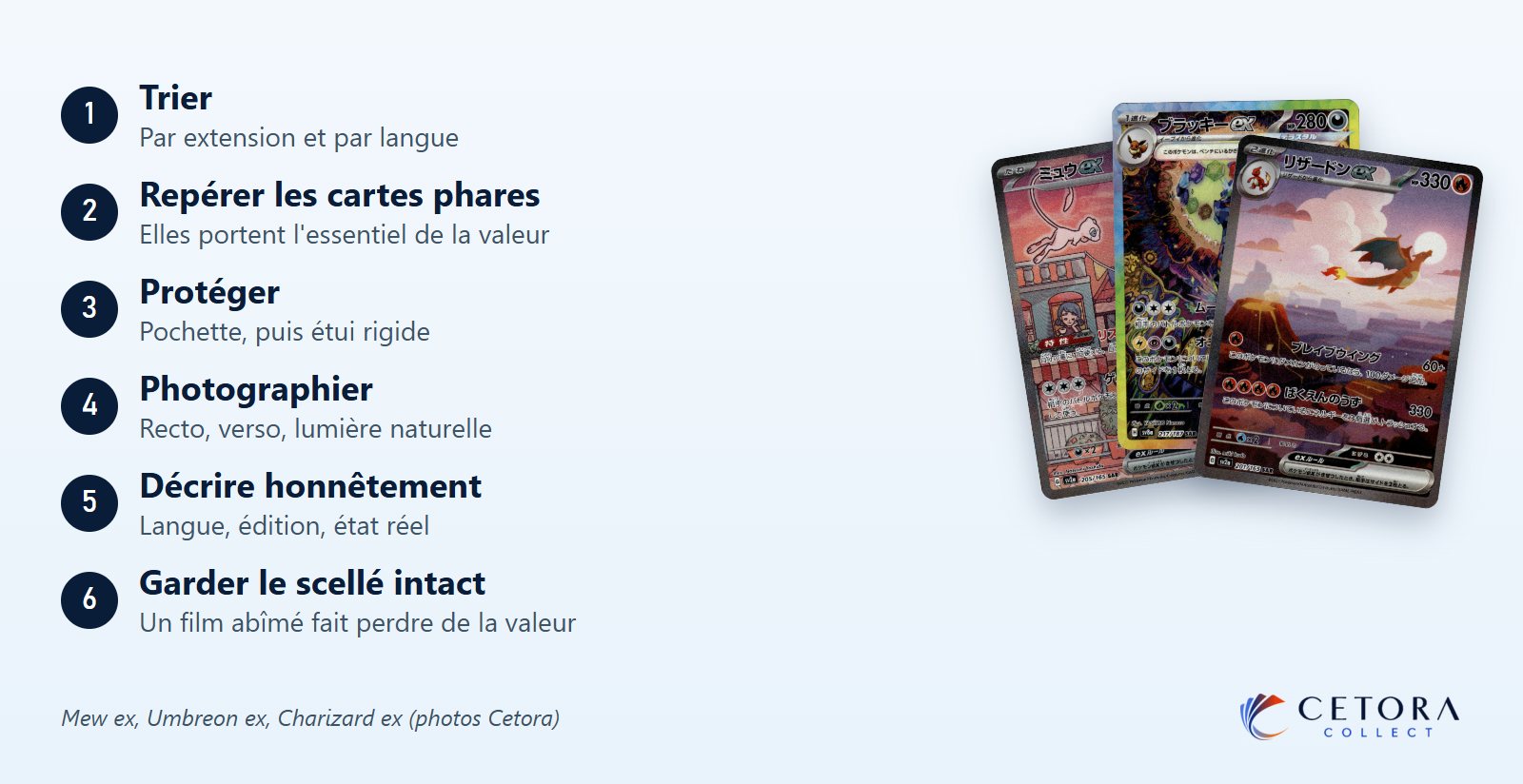 Les six gestes pour préparer une collection avant de la vendre : trier, repérer les cartes phares, protéger, photographier, décrire, garder le scellé intact