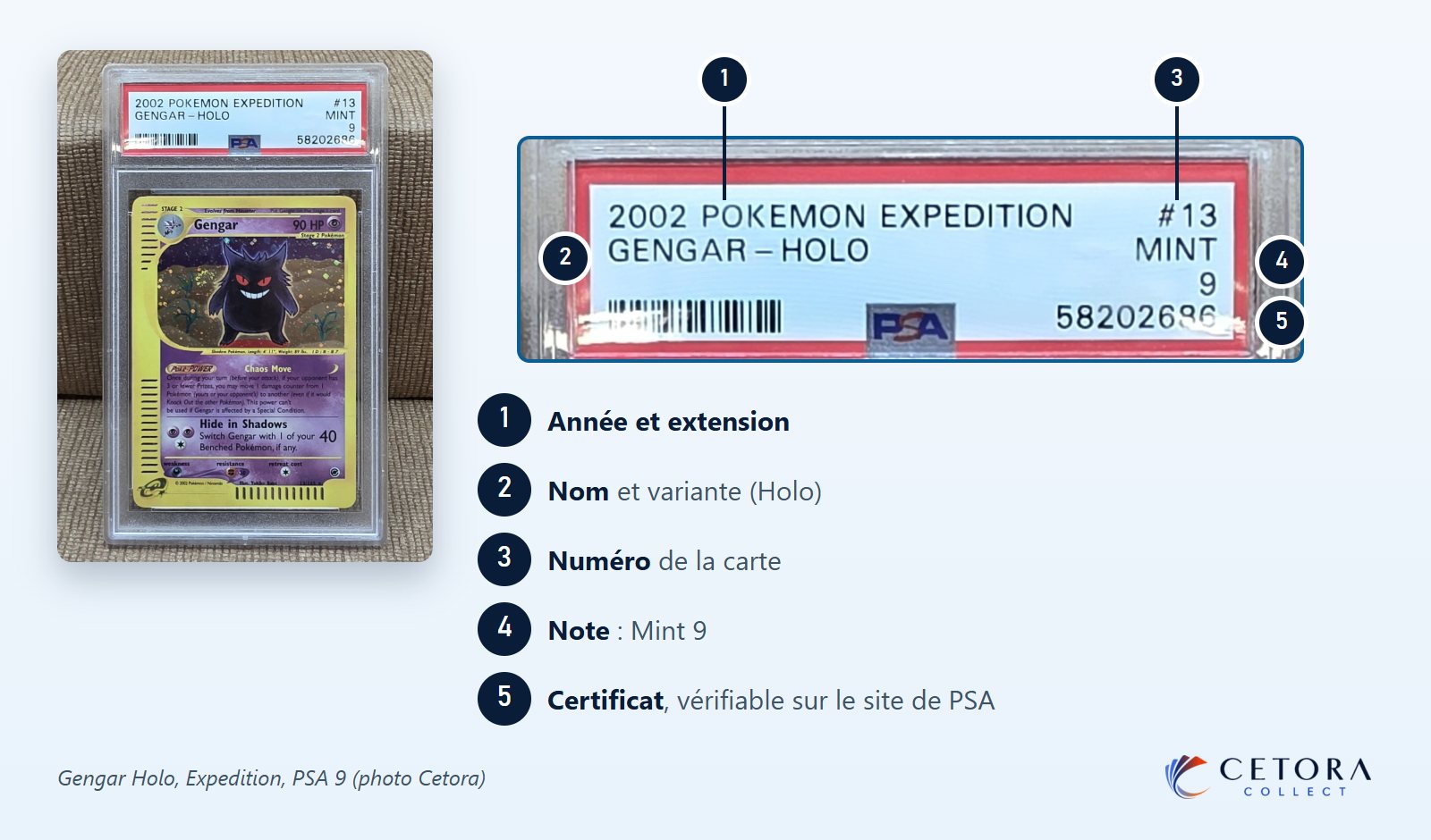 Étiquette d'une carte gradée PSA annotée : année et extension, nom, numéro, note et numéro de certificat